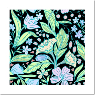 Blue and White Floral Filigree Pattern Posters and Art